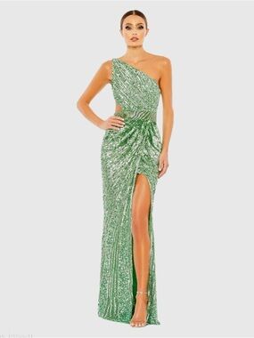 Mac Duggal 5687 Green Sequined One Shoulder Draped Lace Up Gown Size 4 NWT